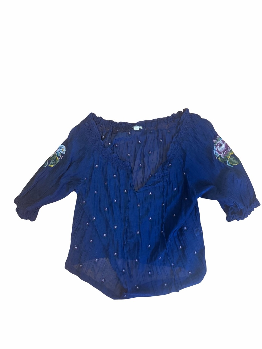 Sundance Navy Embroidered Popover Peasant Blouse Silk Cotton